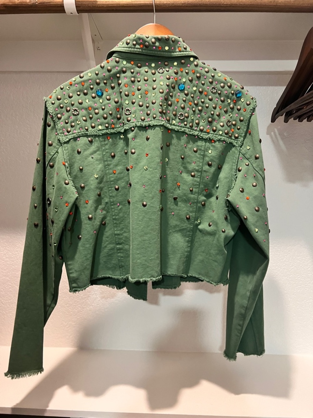 Double D Ranch Olive Green Studded Cropped Jean Jacket - Picture 2 of 4
